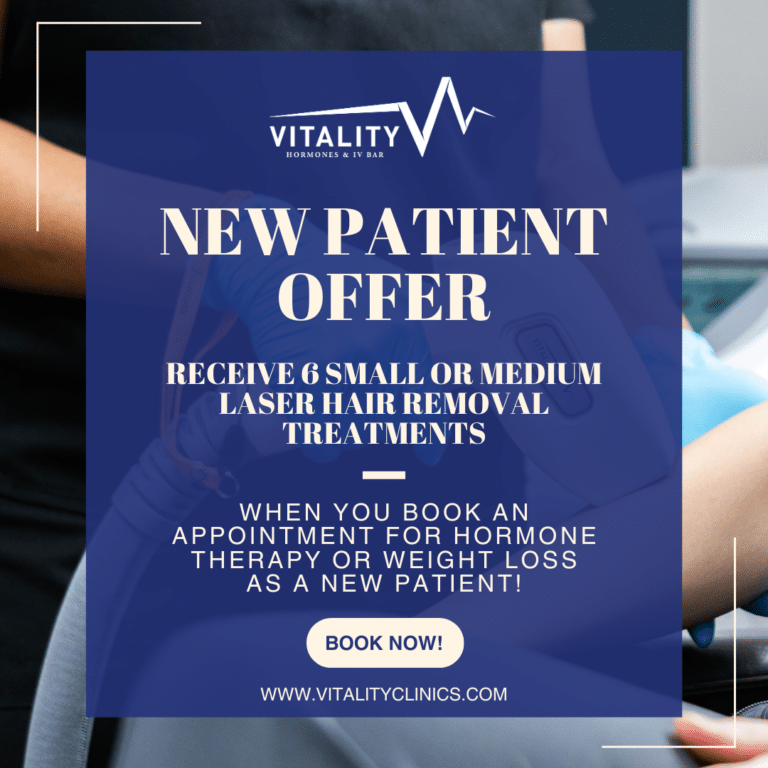 Vitality Clinics - New Patient Offer. Get 6 free small or medium laser hair removal treatments with hormone therapy or weight loss appointment as a new patient. Book now at vitalityclinics.com.